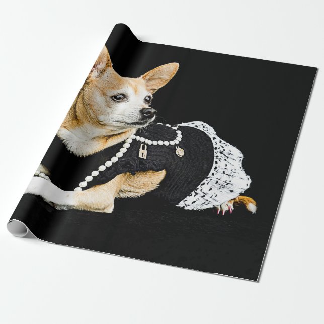Papel De Regalo Perro lindo Chihuahua Tan Brown Elegante negro (Desenrollado)