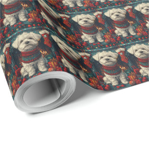 Papel De Regalo Perro Maltés con regalos de Navidad Chimenea
