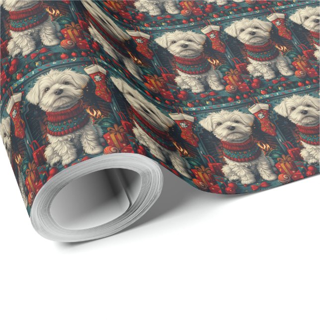 Papel De Regalo Perro Maltés con regalos de Navidad Chimenea (Esquina del rollo)