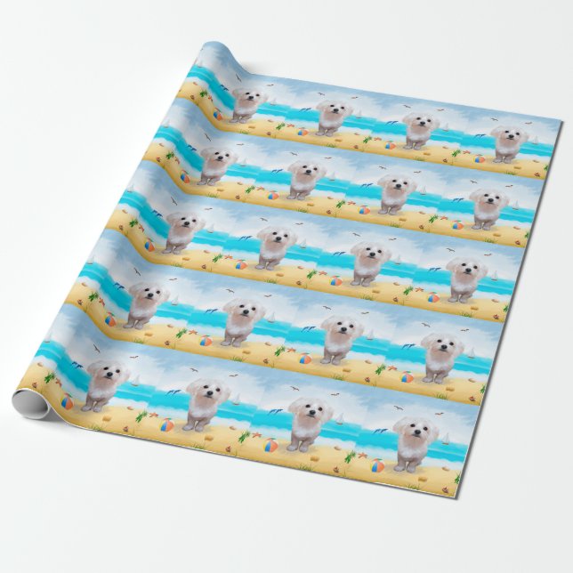 Papel De Regalo Perro maltés en la playa (Desenrollado)