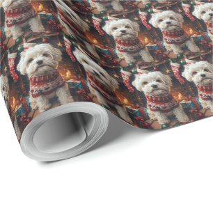 Papel De Regalo Perro Malti Tzu con regalos de Navidad Chimenea 