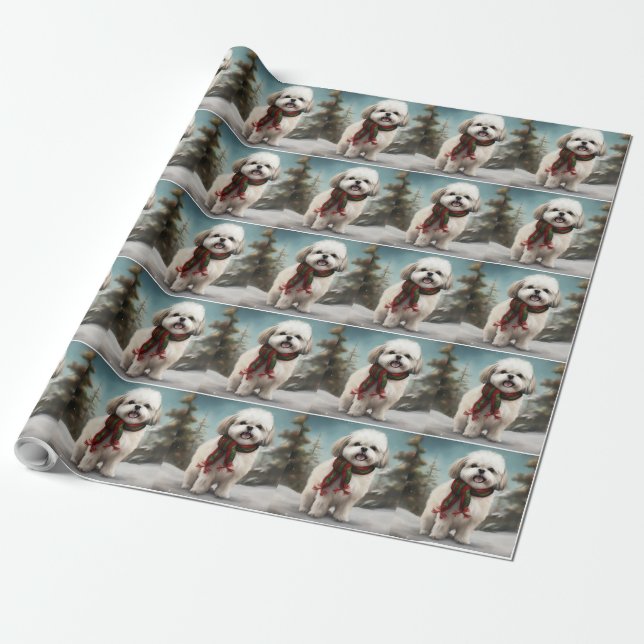 Papel De Regalo Perro Malti Tzu en Navidades de nieve (Desenrollado)