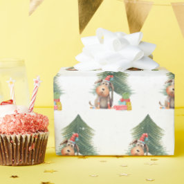 Papel De Regalo Perro navidad y pino en copos de nieve