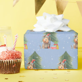 Papel De Regalo Perro navidad y pino en copos de nieve