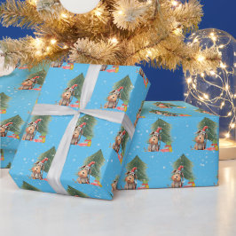 Papel De Regalo Perro navidad y pino en copos de nieve