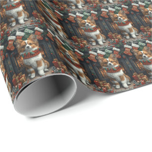 Papel De Regalo Perro Papillon con regalos de Navidad Chimenea