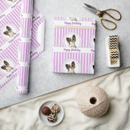 Papel De Regalo Perro Papillon y Rayas de Lavanda Feliz Cumpleaños