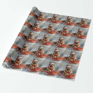 Papel De Regalo Perro pastor alemán en trineo nieve Navidad