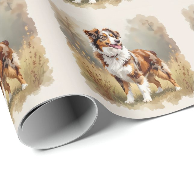 Papel De Regalo Perro Pastor Australiano Rojo Merle Aussie (Esquina del rollo)