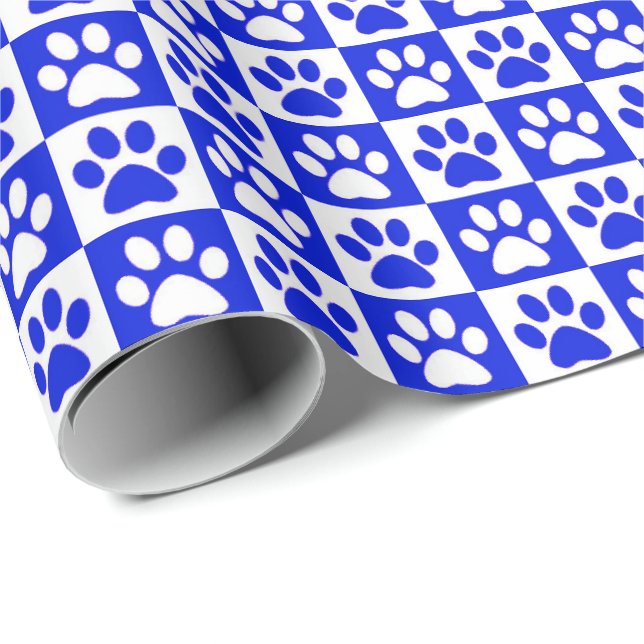 Papel De Regalo Perro Paw Imprime azul y blanco (Esquina del rollo)