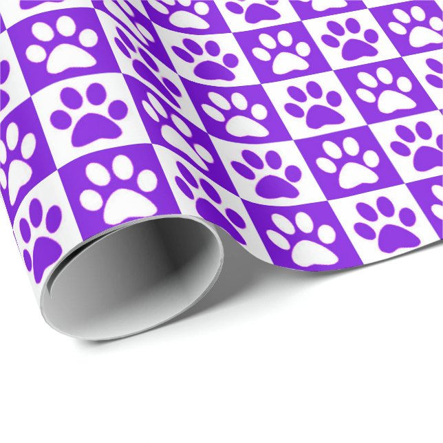 Papel De Regalo Perro Paw Imprime púrpura y blanco (Esquina del rollo)