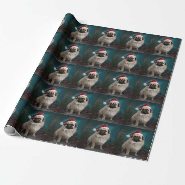Papel De Regalo Perro pekinés en Navidades de nieve (Desenrollado)