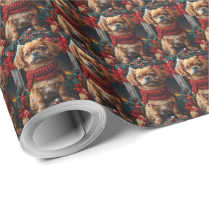 Papel De Regalo Perro Pequinés con chimenea de regalos de Navidad