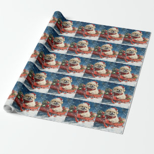 Papel De Regalo Perro Pequinés en Trineo Deja que Nieve Navidad