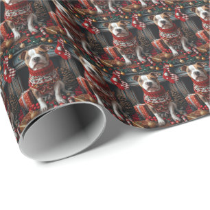 Papel De Regalo Perro Pitbull Con Regalos De Navidad Chimenea
