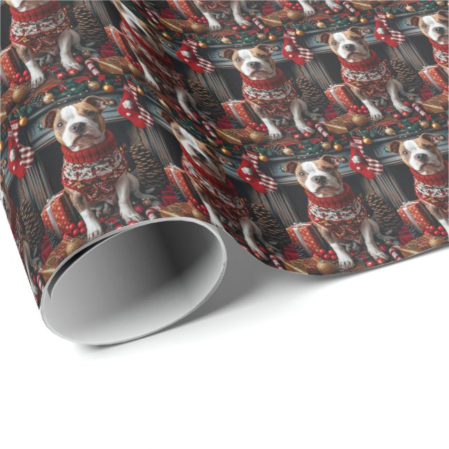 Papel De Regalo Perro Pitbull Con Regalos De Navidad Chimenea (Esquina del rollo)
