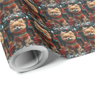 Papel De Regalo Perro Pomerania Con Regalos De Navidad Chimenea