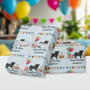Papel De Regalo Perro Pug Negro Caricatura Trapos Cumpleaños Feliz