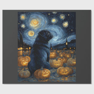 Papel De Regalo Perro Pug negro de la noche estrellada de van gogh