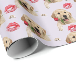 Papel De Regalo perro retriever dorado con rosa y besos