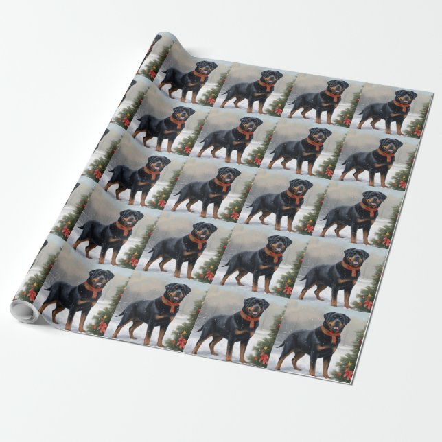 Papel De Regalo Perro Rottweiler en Navidades de Nieve (Desenrollado)