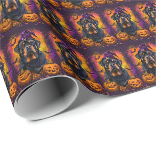 Papel De Regalo Perro Rottweiler Espeluznante Bruja de Halloween y