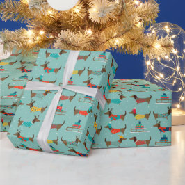 Papel De Regalo Perro salchicha de Navidad con sombrero de reno y 