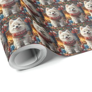 Papel De Regalo Perro Samoyedo con regalos de Navidad chimenea