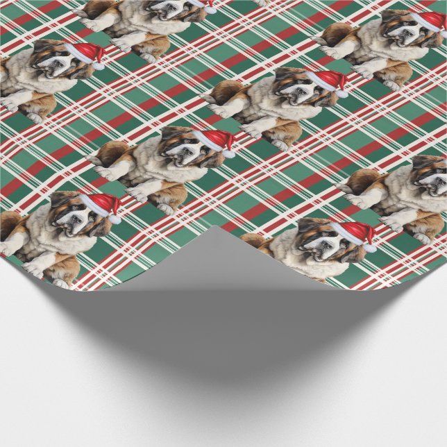 Papel De Regalo Perro Santa de San Bernardo Plaid de Navidad (Esquina)