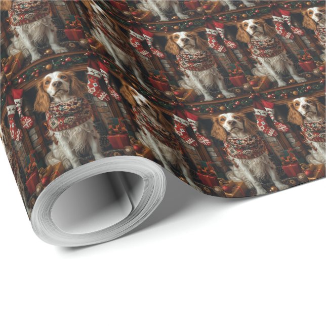 Papel De Regalo Perro Setter Inglés con regalos de Navidad chimene (Esquina del rollo)