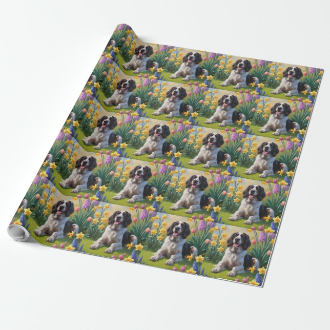 Papel De Regalo Perro Setter Inglés Flores de Primavera Pintura (Desenrollado)