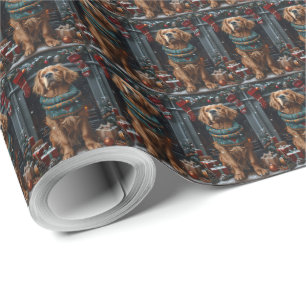 Papel De Regalo Perro Setter Rojo Irlandés con chimenea de regalo