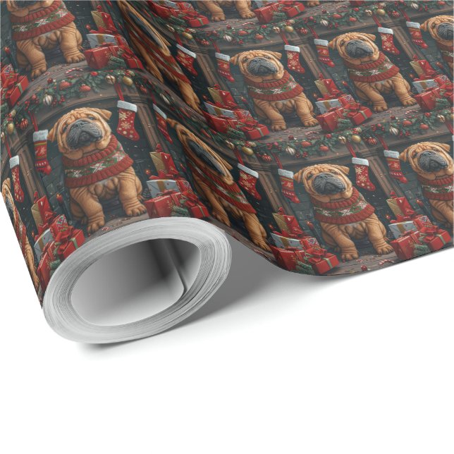 Papel De Regalo Perro Shar Pei Con Navidades Regalos Chimenea (Esquina del rollo)