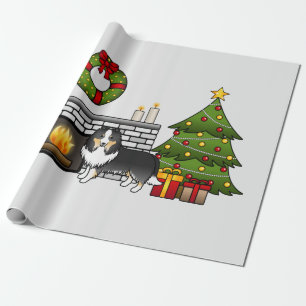 Papel De Regalo Perro Shetland de tres colores en una habitación d
