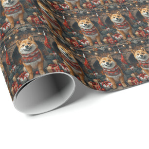 Papel De Regalo Perro Shiba Inu con regalos de Navidad Chimenea