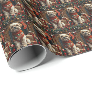 Papel De Regalo Perro Shih Tzu con regalos de Navidad Chimenea