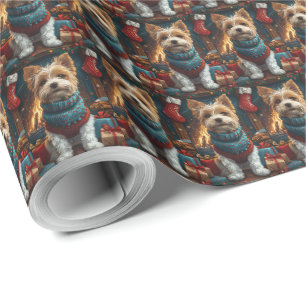 Papel De Regalo Perro Wire Fox Terrier con regalo de Navidad en la