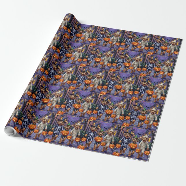 Papel De Regalo Perros Airedale Terrier Trick-or-Treating Hallowee (Desenrollado)