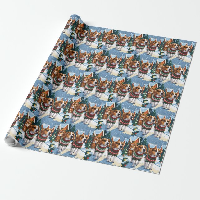 Papel De Regalo Perros Beagle Navidad Nieve Fiesta (Desenrollado)