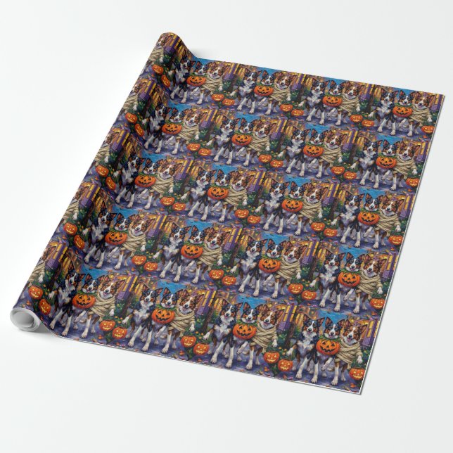 Papel De Regalo Perros Border Collie Trick-or-Treating en Hallowee (Desenrollado)