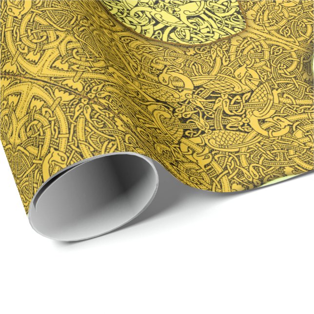 Papel De Regalo Perros, caballos y pájaros célticos en oro (Esquina del rollo)