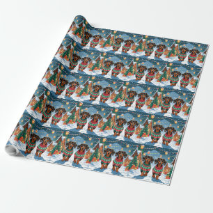 Papel De Regalo Perros Dachshund Navidad Nieve Fiesta