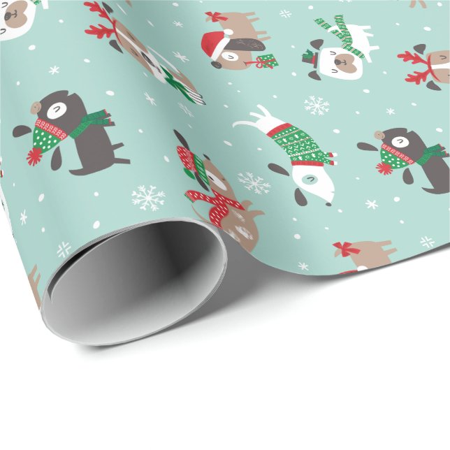Papel De Regalo Perros de navidades con menta (Esquina del rollo)
