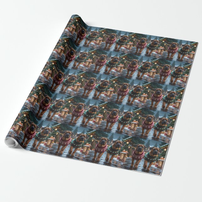 Papel De Regalo Perros Mastín Tibetano Navidad Nieve Fiesta (Desenrollado)