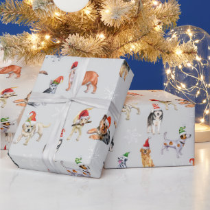 Papel De Regalo Perros navideños dulces con sombreros de Santa