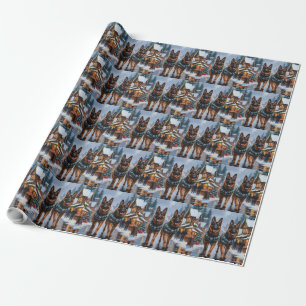Papel De Regalo Perros Pastor Alemán Navidad Nieve Fiesta
