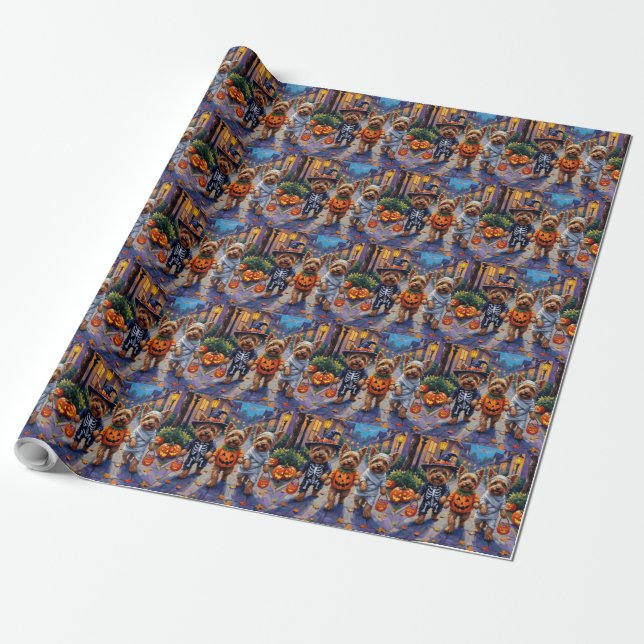 Papel De Regalo Perros Yorkshire Terrier con disfraces de Hallowee (Desenrollado)