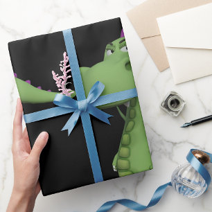 Papel De Regalo Personaje de Dinosaurio Verde con Púas Moradas