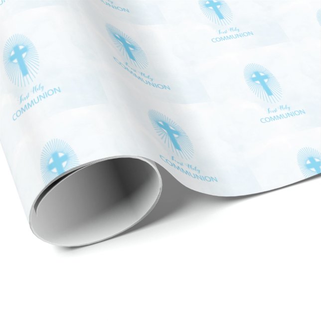 Papel De Regalo Personalice, Blue Boy First Holy Communia Cross (Esquina del rollo)