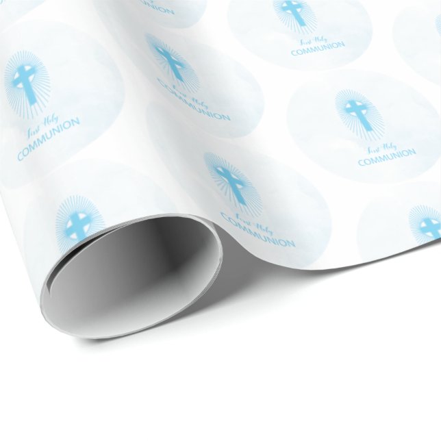 Papel De Regalo Personalice, Blue Boy First Holy Communia Cross (Esquina del rollo)